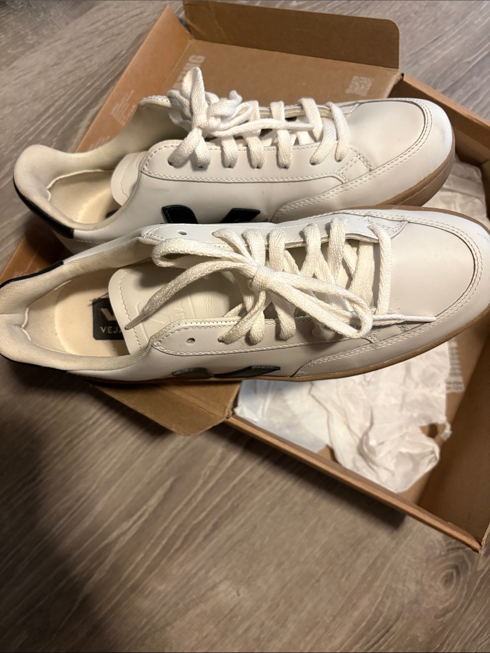 Veja White Leather Sneakers with Black V and Tan Sole - Picture 2 of 6